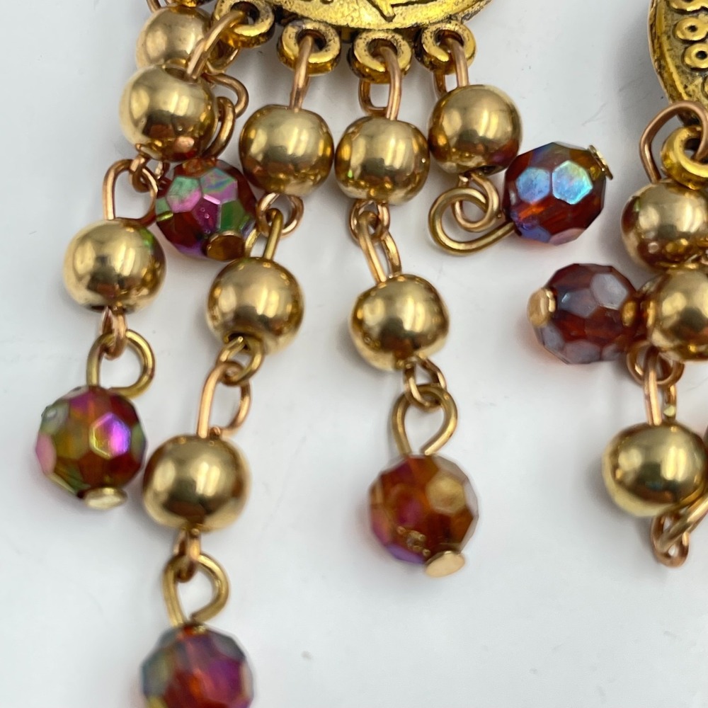 Vintage 90s Gold Tone Aztec Sun Dangle Earrings Iridescent Glass Chandelier Boho - Picture 4 of 6